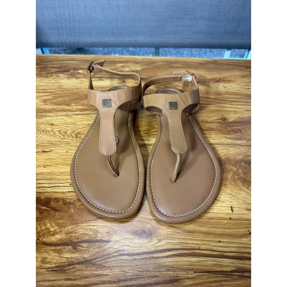 Grounds Tan Grounding Sandals T-Strap Thong Sandals Ankle Strap Flat Shoes